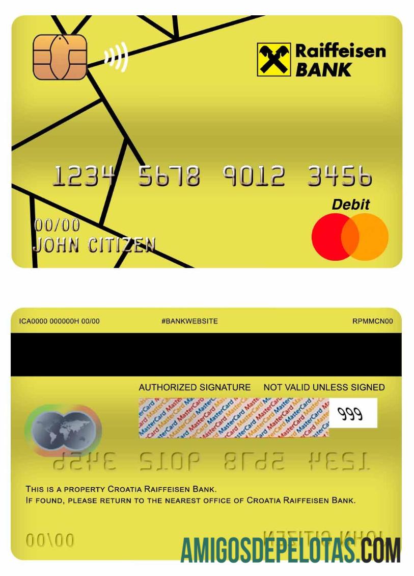 Cartão de débito mestre do Banco Raiffeisen da Croácia exemplo